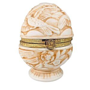 Vtg Porcelain Bisque Bird Egg shaped Trinket Box Hinged Footed Relief Floral